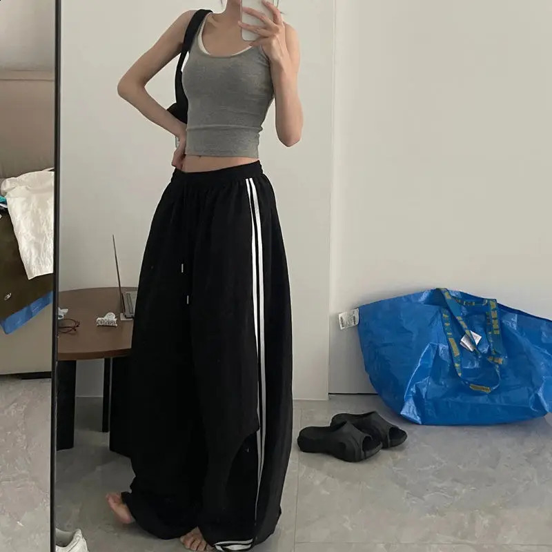 QWEEK Harajuku Retro Striped Pants Womens Oversized Korean Fashion Freight Trous Jogging Bag Black Sports Leisure Sports Pants 240910