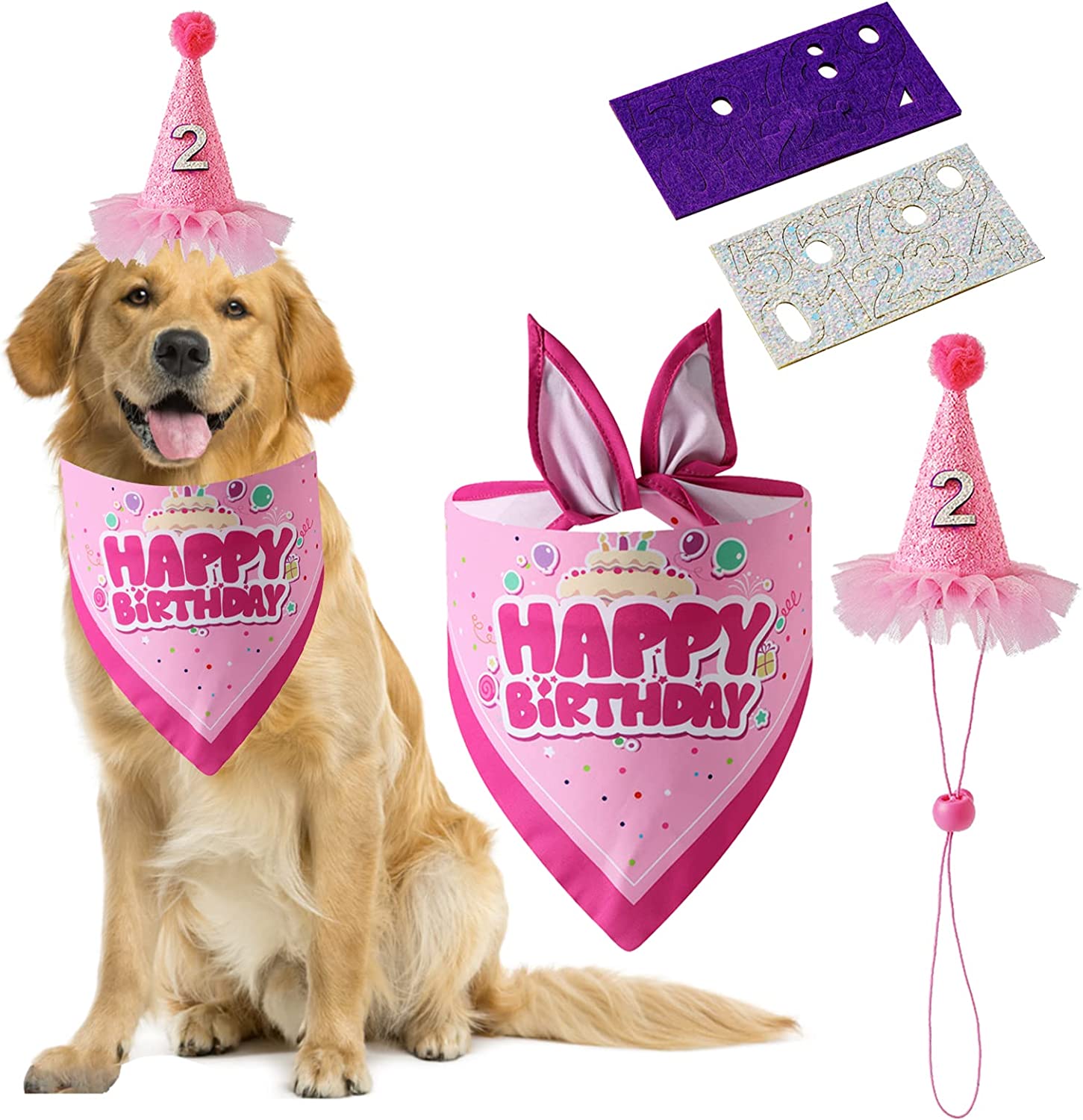 Dog Boy and Girl Birthday Bandana with Hats Reusable Foldable Pet Scarf with Number for Small Medium Dogs Pet Accessories