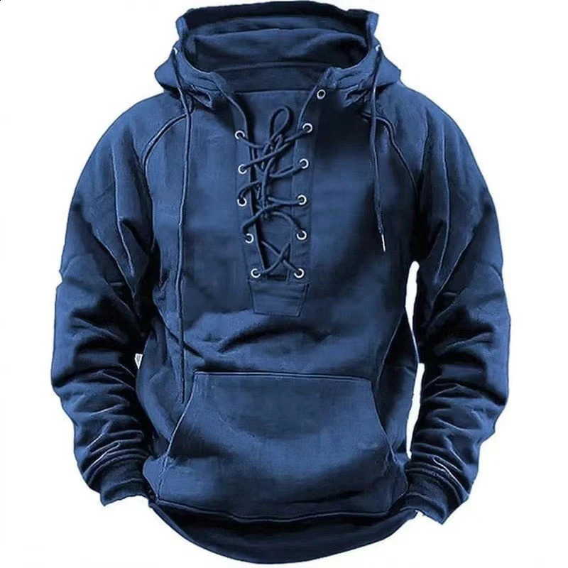 Autumn Fashion Mens Hoodie Sportswear Lace Strap Long Sleeve Loose Mens Street Clothing Retro Solid Color Hoodie 240909