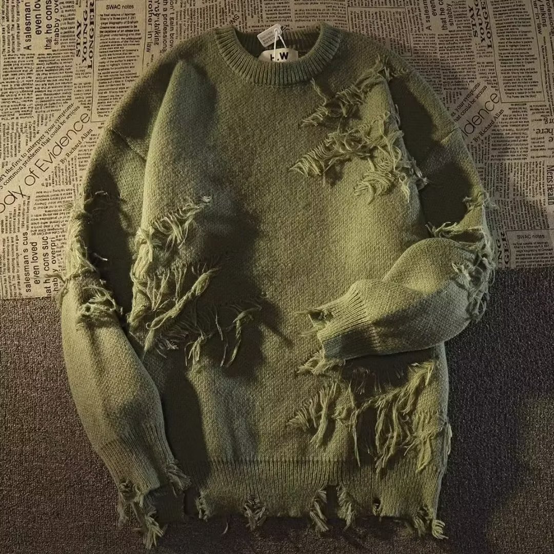 Men Sweaters American retro high street ripped sweater for men and women autumn and winter lazy style design niche knit sweater Mens crew neck sweater