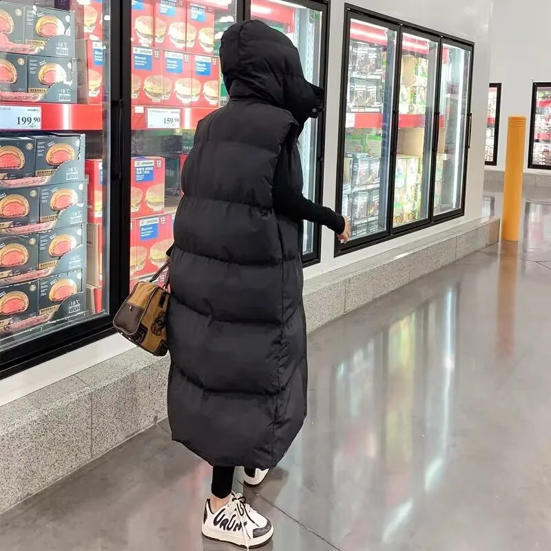 Womens winter vest hooded long jacket fashion thick warm cotton apron sleeveless womens 240910