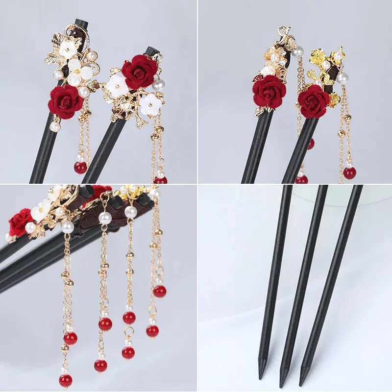 Vintage Wood Flower Tassel Hairpin For Women Girl Antique Hair Stick Hair Clip Costume Chinese Hanfu Hair Accessories Hair PinsX2409