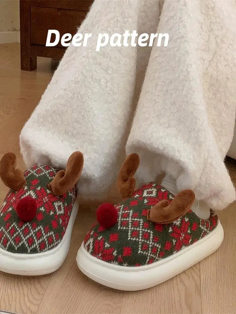 Warm And Fashionable Home Slippers Soft Soled Womens Christmas Reindeer Winter Indoor Household Cartoon Cotton Slippers 241010