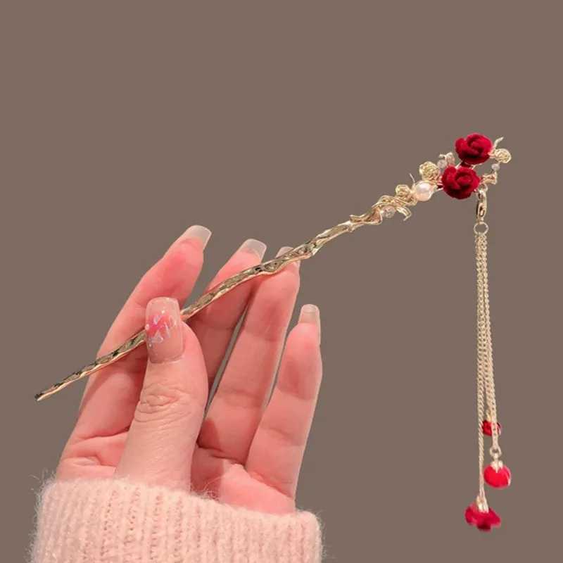 Retro Red Hair Stick Chinese Style Hanfu Tassel Women Flowers Chopsticks Alloy Hairpin Woman Jewelry Hair Clip AccessoriesX2409