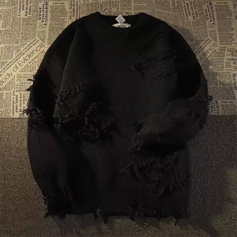 Men Sweaters American retro high street ripped sweater for men and women autumn and winter lazy style design niche knit sweater Mens crew neck sweater