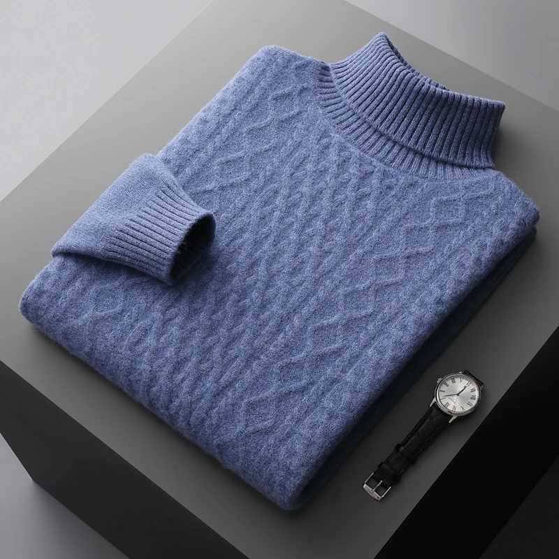 Autumn and Winter Thick Turtle Neck 00 Solid Color Wool Sweater Mens Twisted Pattern Pulldown Bottom Diamond Jacquard Youth W2411111