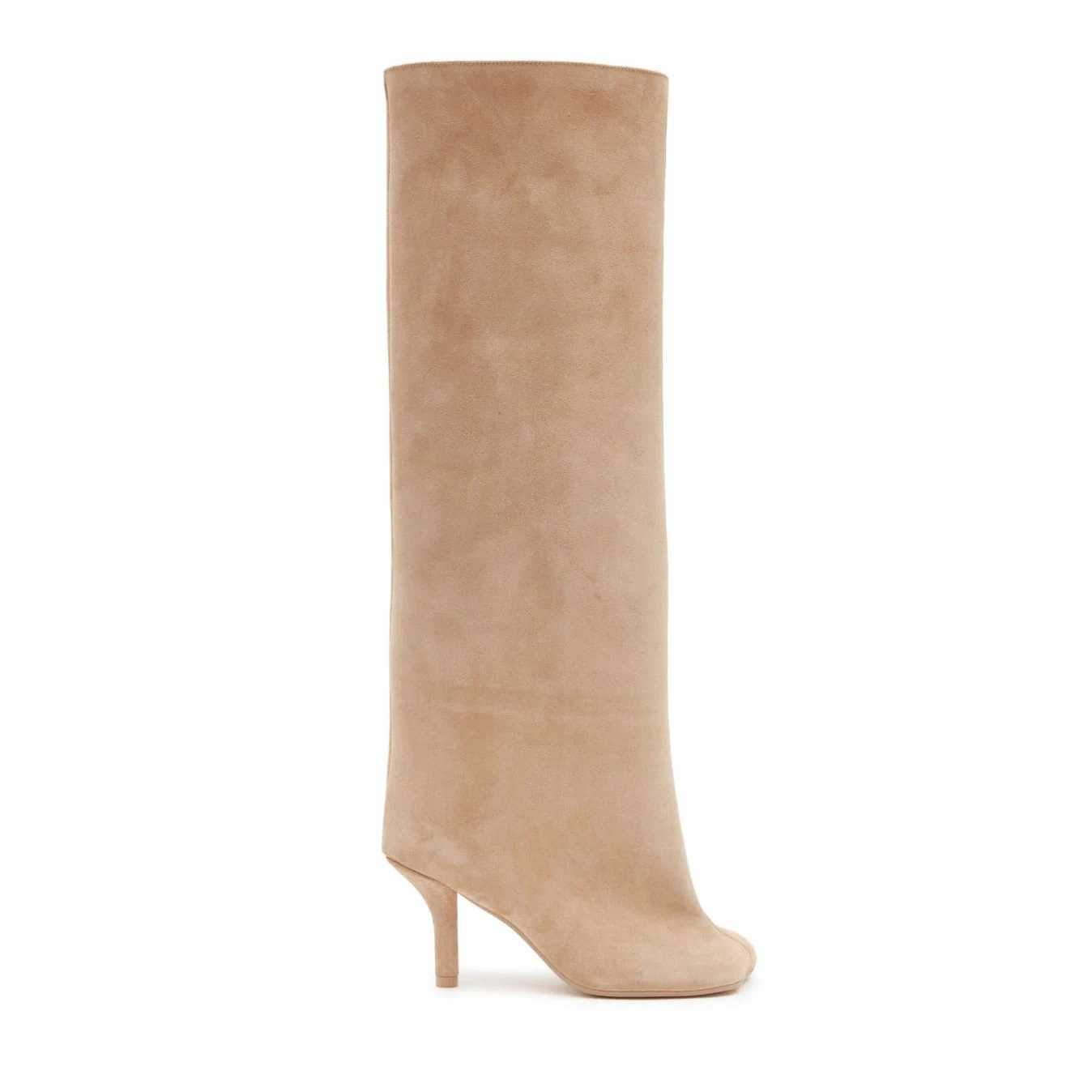 Womens Nude Suede Knee High Square Toe Wide New Calnd Foot Pull On Stiletto Heels Fashion Dress Tall Riding Boots Ladies