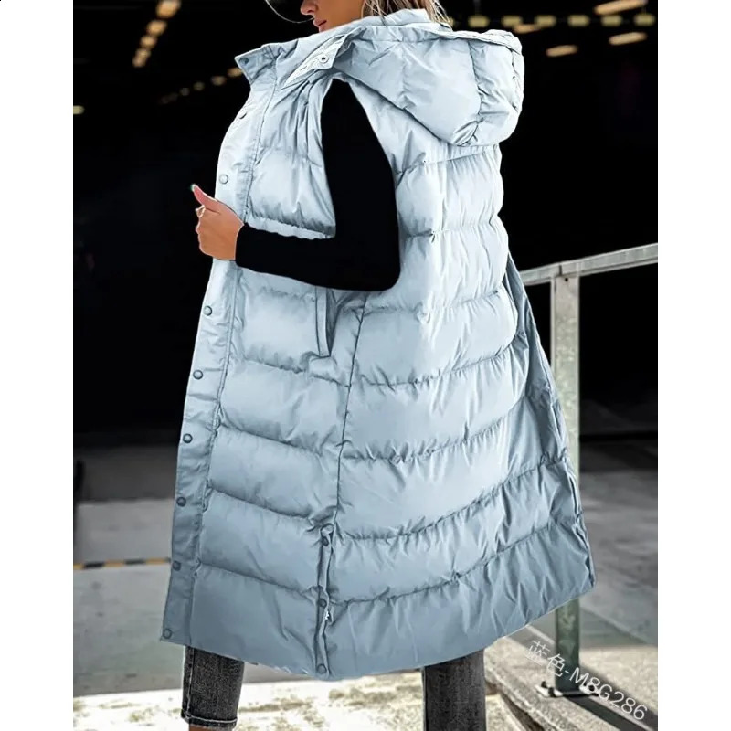 Womens solid loose zipper cardigan Parkas autumn and winter vest jacket womens sleeveless hooded single chest long 240910