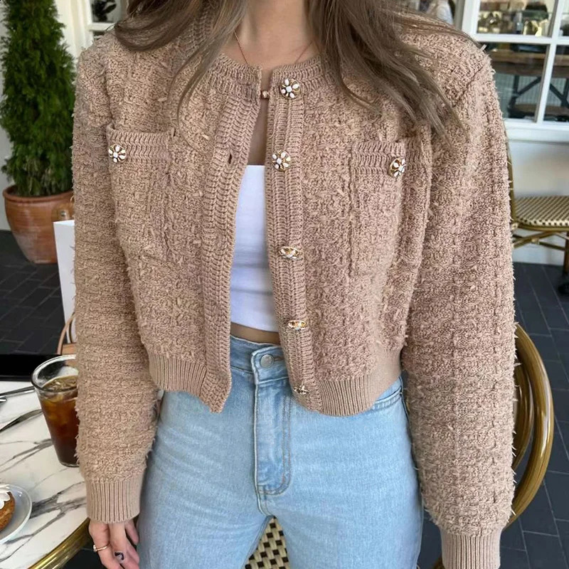 Korean Style Pink Round Neck Cropped Cardigans for Women Chic Button Long Sleeve Knitted Coats Woman Pocket Bling Short Cardigan 240905