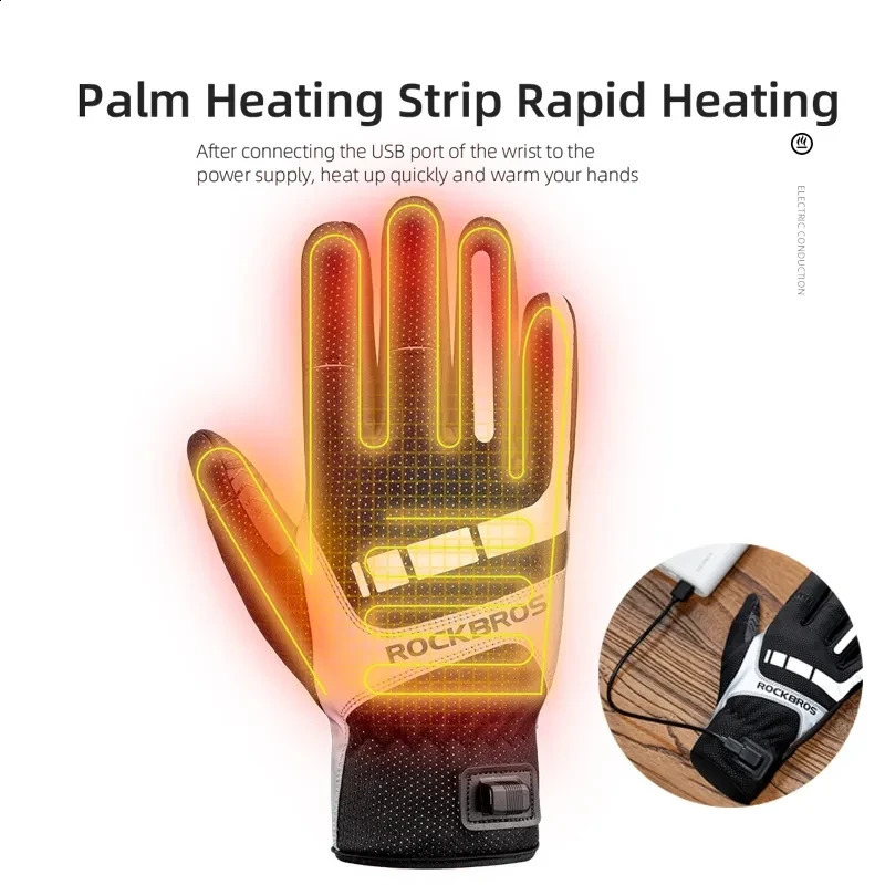 ROCKBROS Warm Mens Cycling Heated Gloves for Ski USB Rechargeable Motorcycle Gloves Full Finger Thermal Winter Glove Breathable 240906