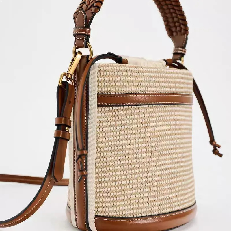 Fashion straw bucket bag woven womens handbag ner panel shoulder cross body casual summer beach small 240910
