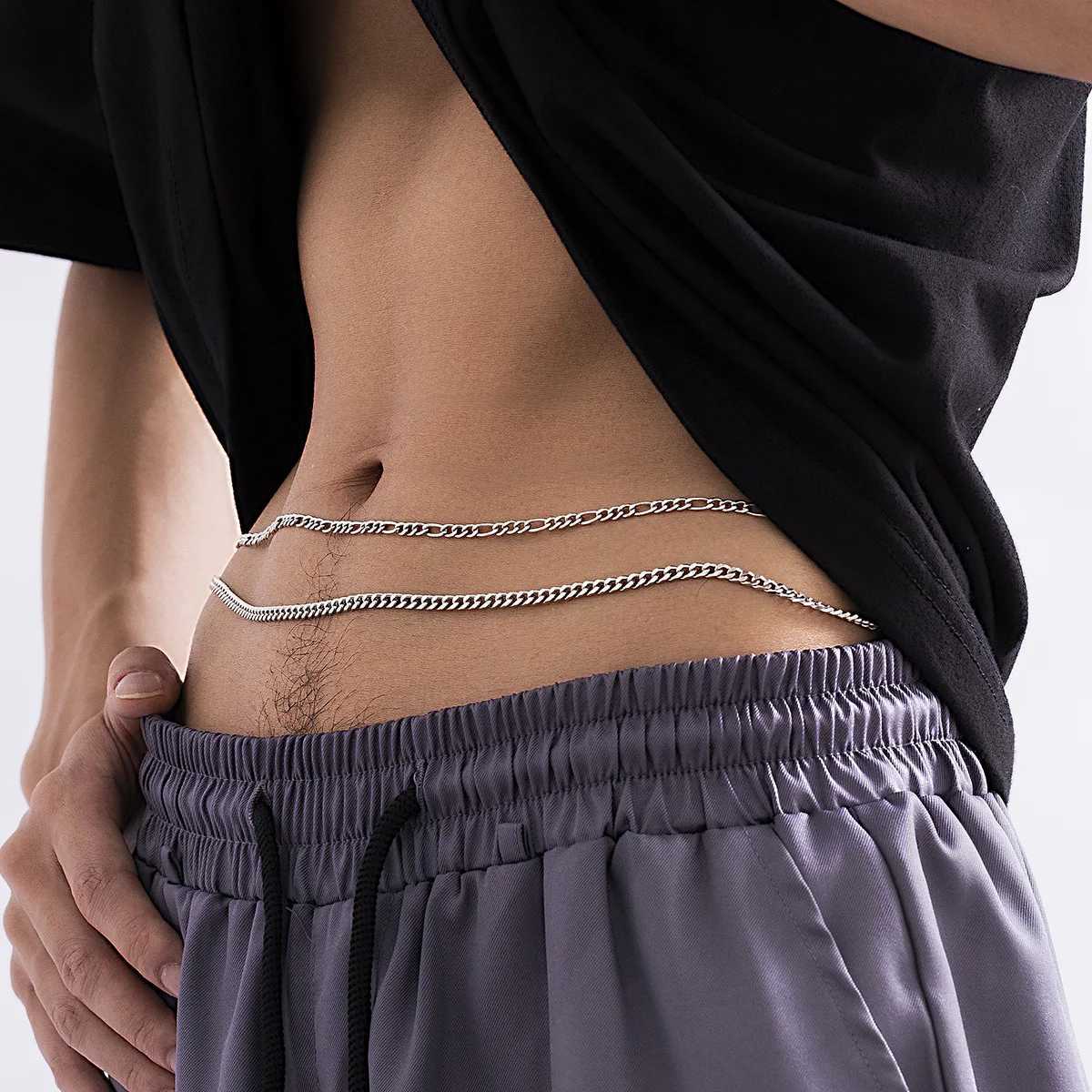 Mens Simp Double layer Metal Wire Waist Chain Metal Abdominal Muscle Body Chain Jewelry Stainless Steel Chain Waist PunkXJ250224