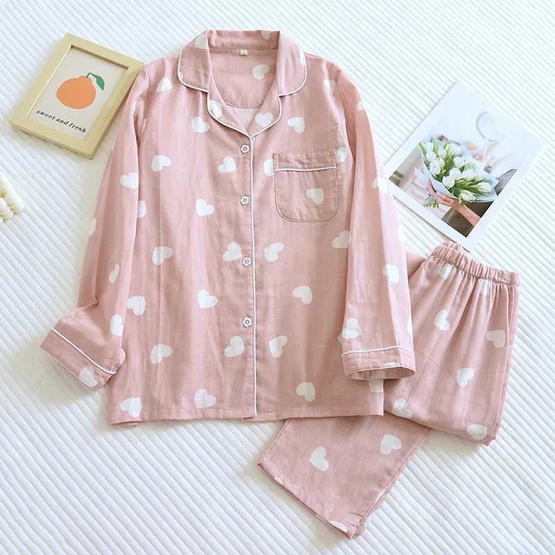 New Spring and Autumn Pajama Set Womens 100% Cotton Long Sleeve Pants Two Piece Love Lovely Sweet Home Furnishing SetX2409