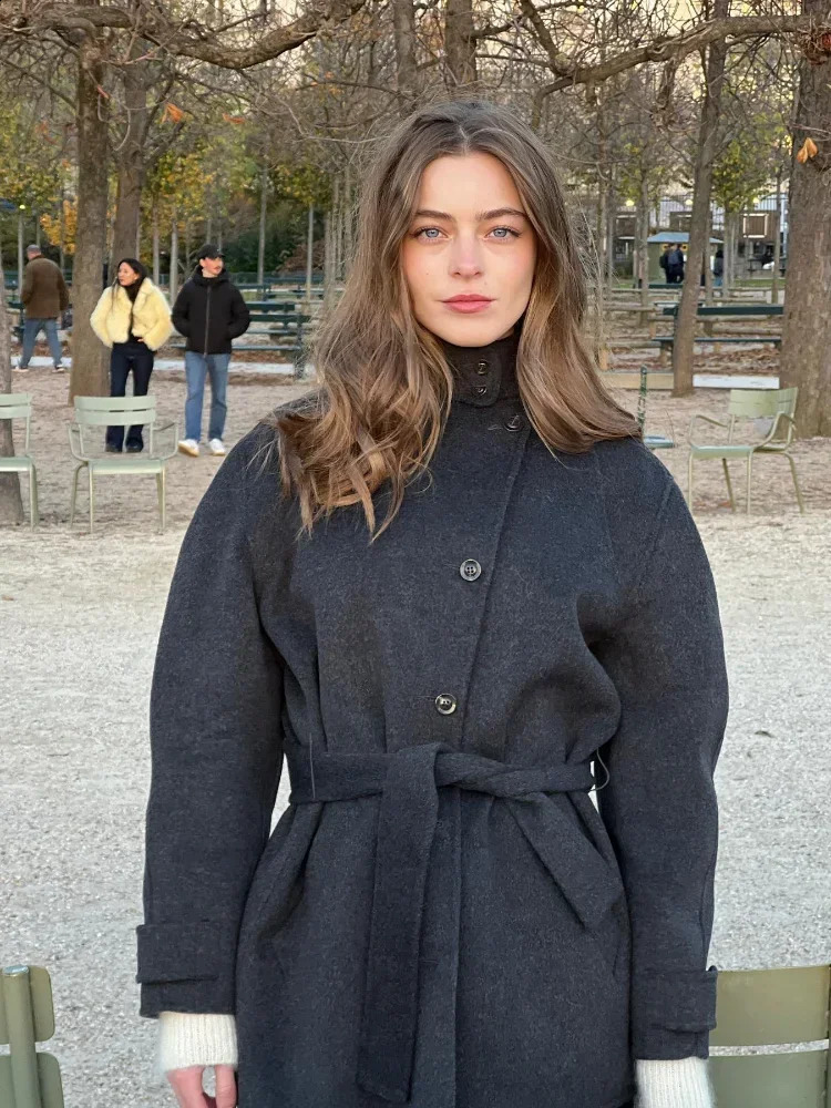 Fashion High Neck With Belt Woolen Overcoat Women Casual Long Sleeve Single Breasted Slim Warm Coat Autumn Street Lady Outerwear 240905