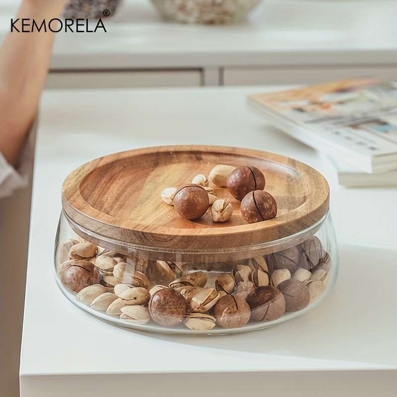 Trays Glass Bowl Nuts Fruits Food Container For Cereals Jar Double Layer Candy Jars With Wooden Lid Home Kitchen Storage