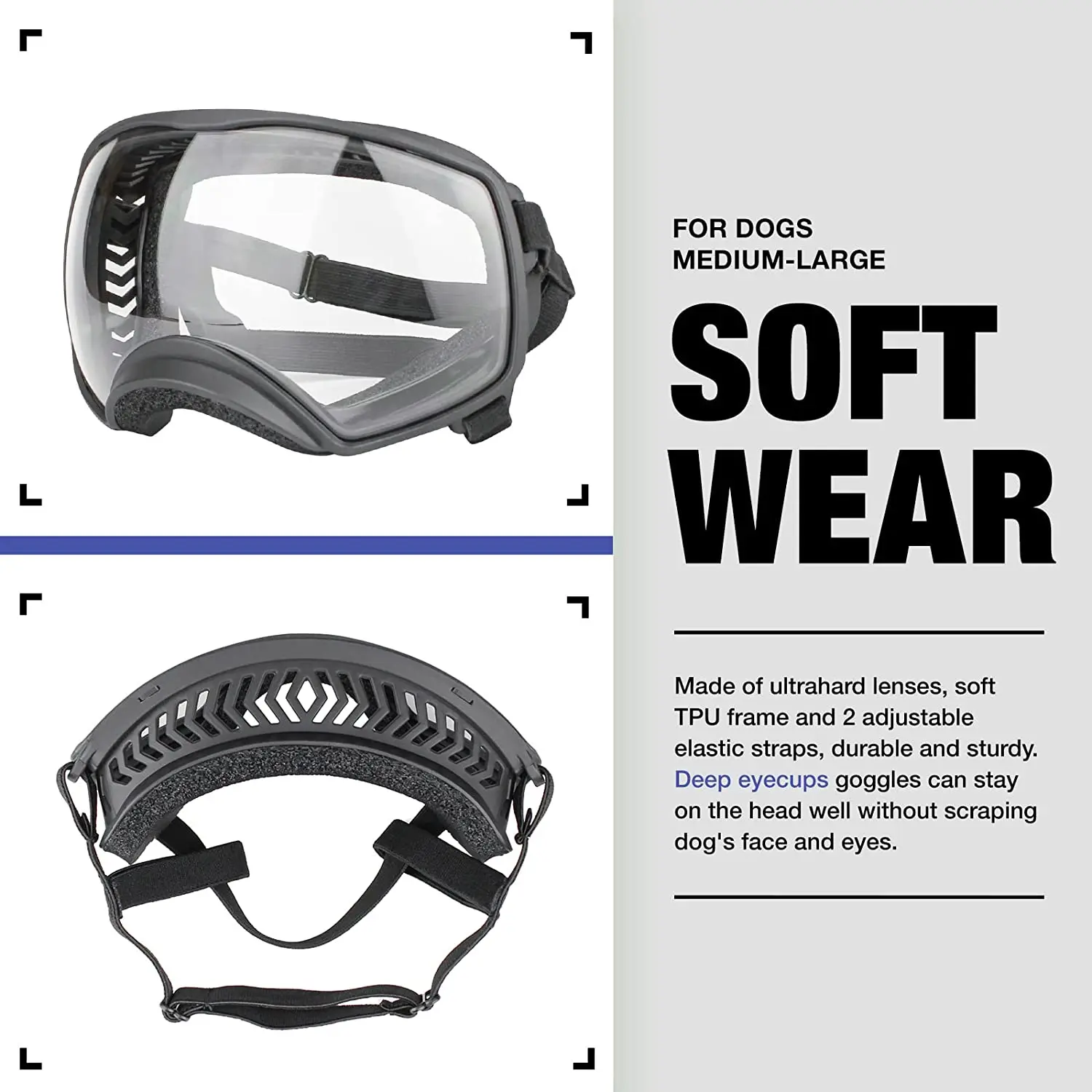 ATUBAN Clear Dog Goggles Medium Large Dog Sport Sunglasses UV Protection Soft Pet Goggles Deep Eyecups Fog/Windproof for Dogs