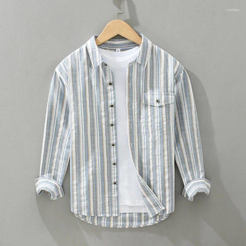 Men's Casual Shirts Spring Autumn Color Woven Striped Cotton Linen Shirt For Men Harajuku Loose Long Sleeve Square Neck Button Down