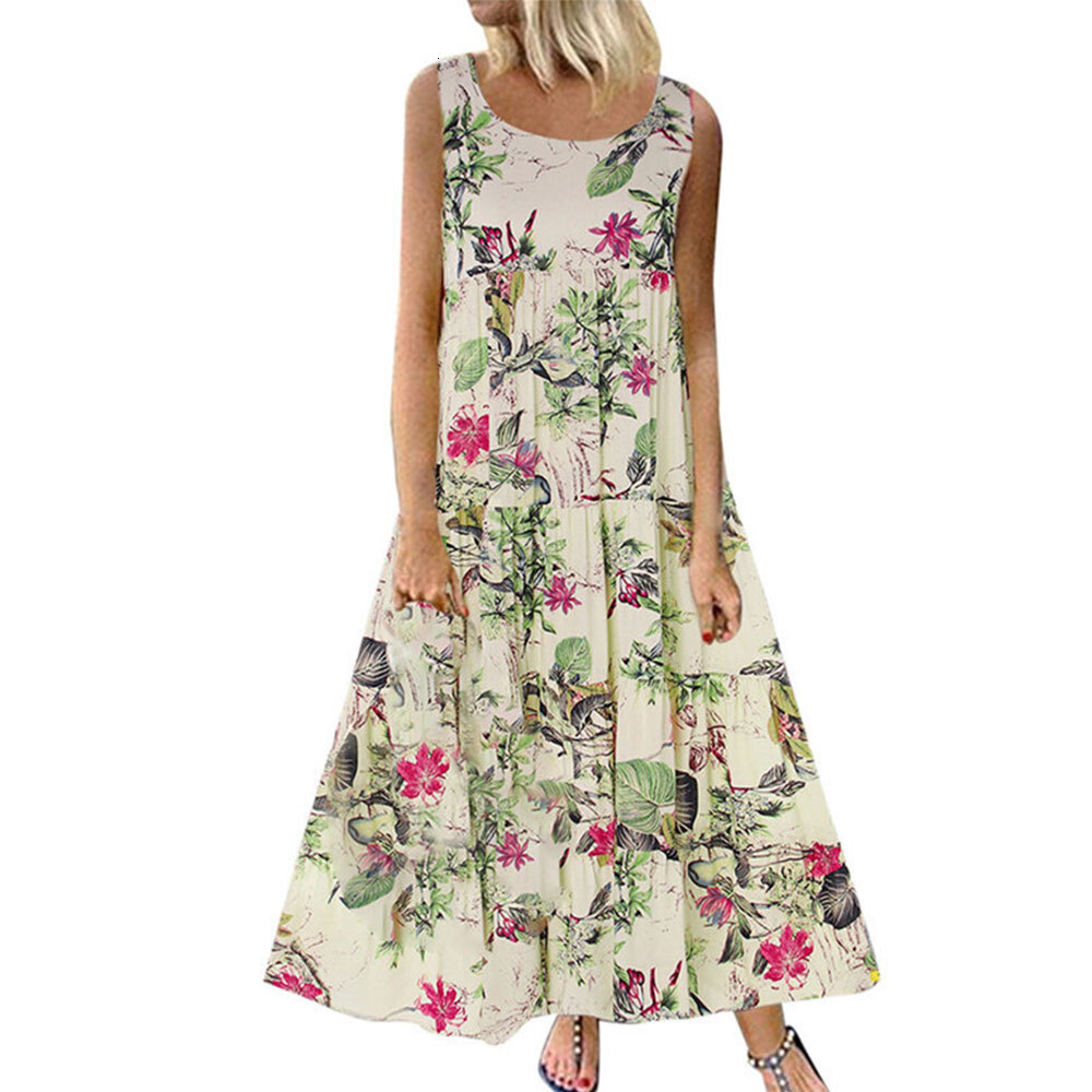 Jocoo Jolee Bohemian Maxi Dress Women Casual Vintage Sleeveless O Neck Floral Print Loose Long Dress Oversized Beach Sundress