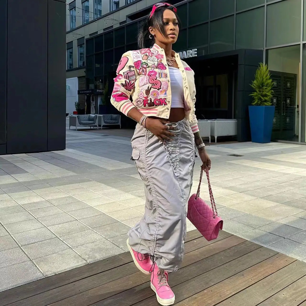 Chenille Patches Crop Varsity Jacket 2024 Women Print Streetwear Lightweight Sweatshirt Collage Bomber Jackets Coat 240910