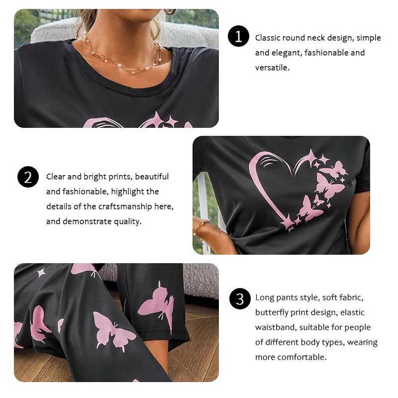 Sleeve Set Heart Crew Printed Short Pajama Butterfly Women Soft Neck Tops Elastic Waist Pants Sleepwear Loungewear NightwearX2409