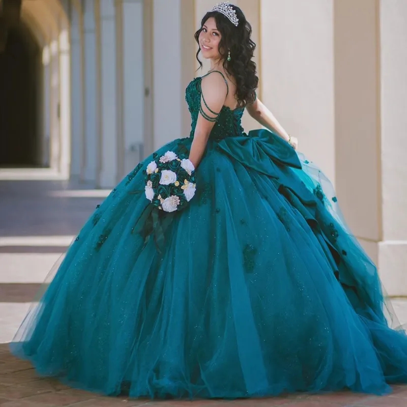 Blackish Green Shiny Quinceanera Dresses Ball Gown Spaghetti Strap Lace Applique Beading Bow Tull Corset Sweet 16 Dress Vestido De 15 Anos