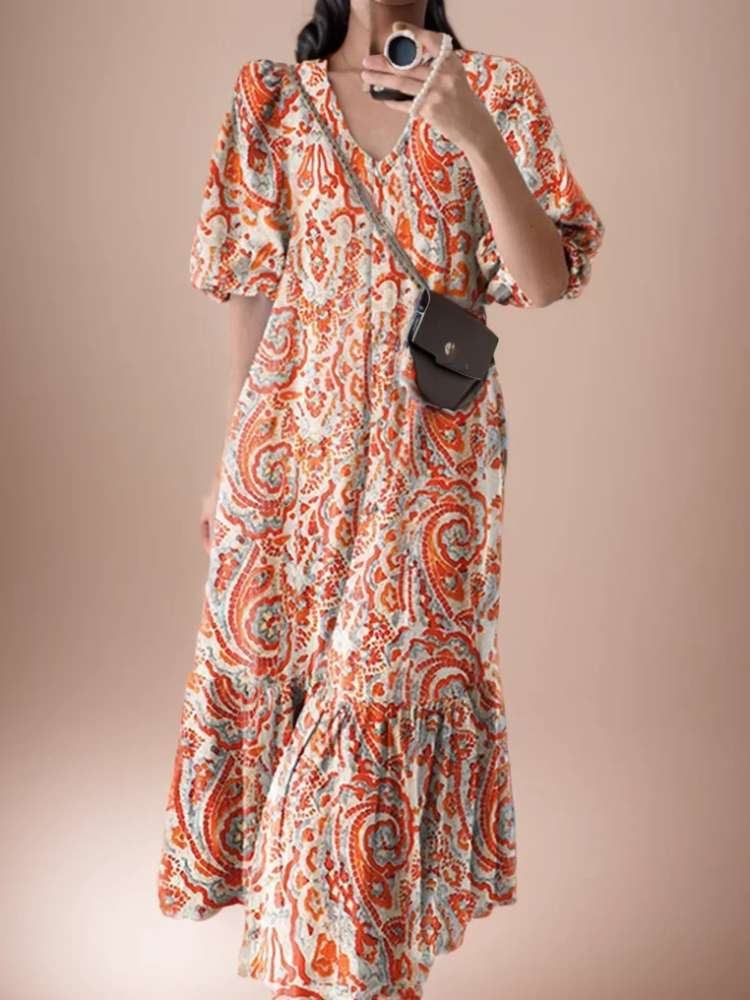 ZANZEA Women Print Robes Longue Oversized Fashion 2024 Summer Puff Sleeve Maxi Vestidos Retro Dress Casual Solid Baggy Sundress