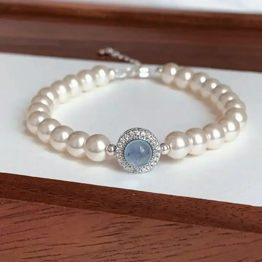 925 sterling silver pearl bracelet women's French blue crystal pendant bracelet fashionable party wedding jewelry