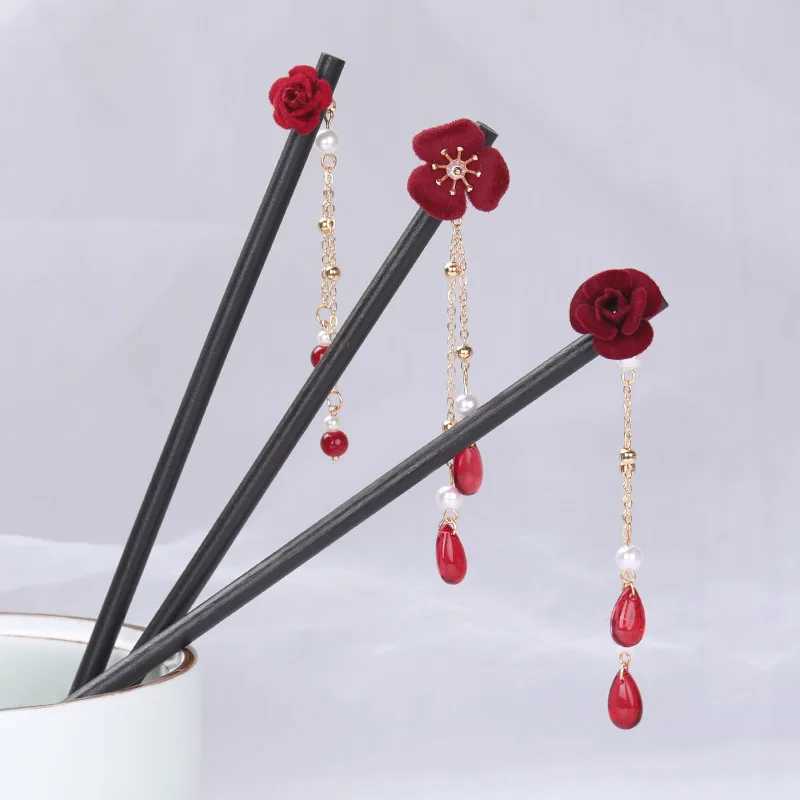 Vintage Wood Flower Tassel Hairpin For Women Girl Antique Hair Stick Hair Clip Costume Chinese Hanfu Hair Accessories Hair PinsX2409