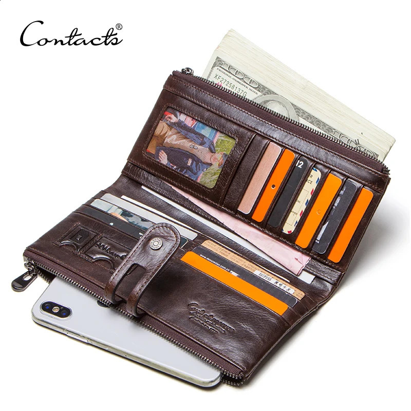 CONTACT Mens Clutch Wallet Leather Long Buckle Clip Retro Zipper Coin Money Bag Portemonnee 240910