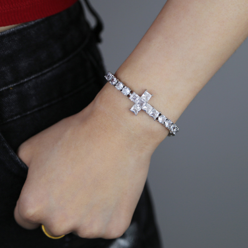 Hip Hop Cross Tennis Chain Bracelet TopBling Cubic Zircon Lover Couple Jewelry