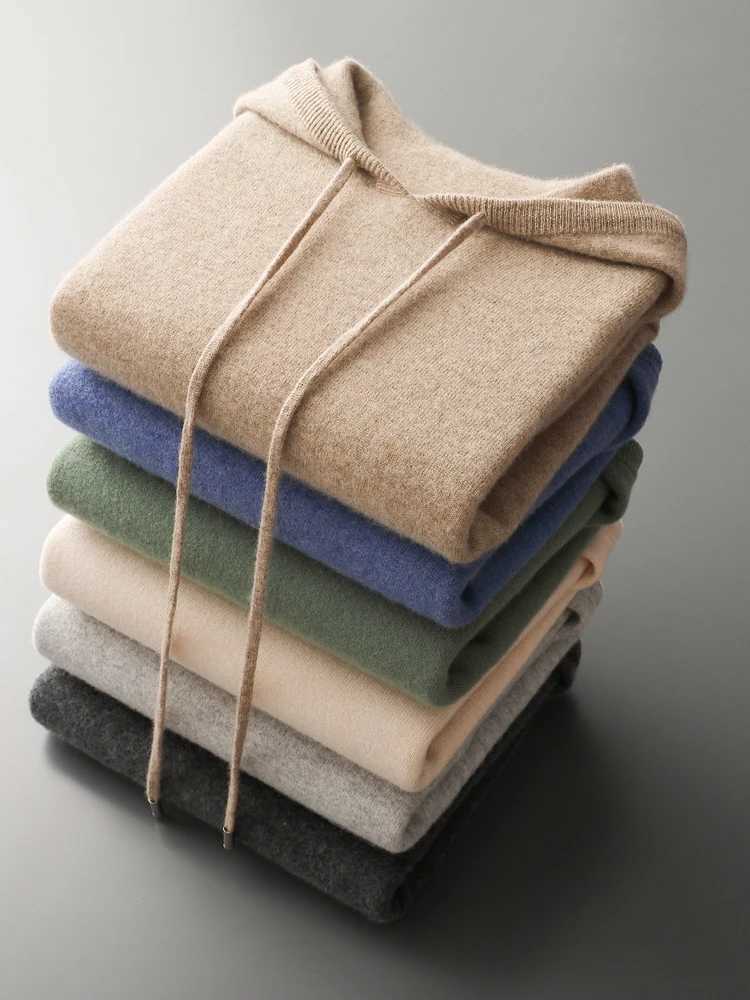 New Winter Mens Cashmere Hoodie Sweater 100% Merino Wool Hoodie Zipper Large Size Knitted High Quality Soft Casual Jumper W240911
