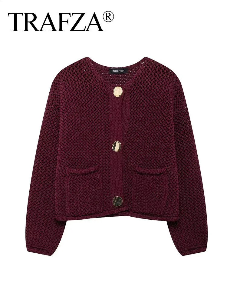 TRAFZA Womens Casual Cardigan Sweater Jacket With Pockets Wine Red Solid Metal Button Knit Autumn Trend Street