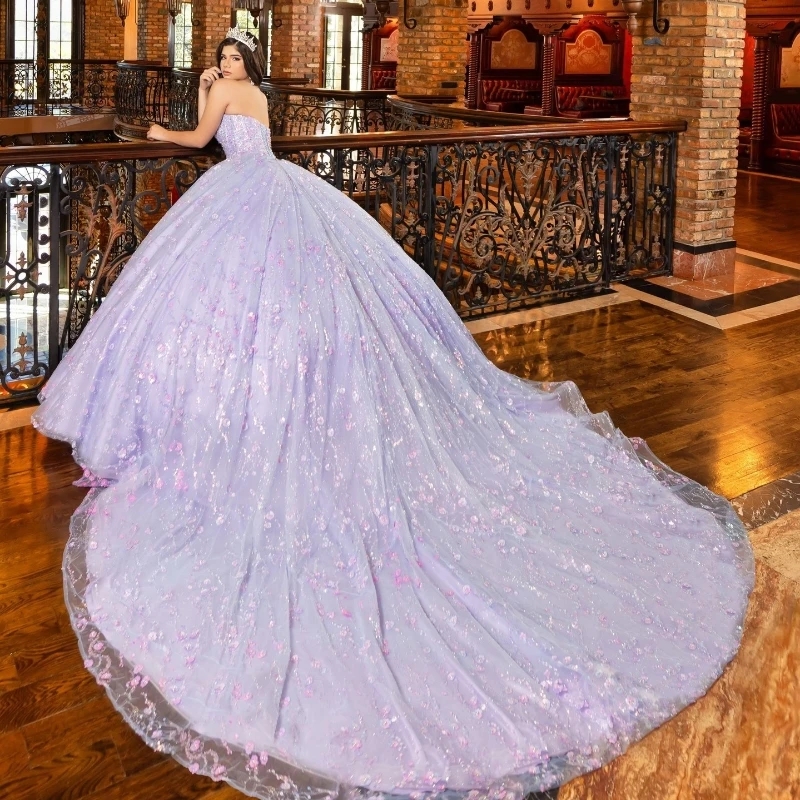 Lilac Princess Ball Quinceanera Dresses Off Shoulder Sequined Beaded Crystals Tull Sweet 16 Party Gown Lace-Up Vestidos De 15