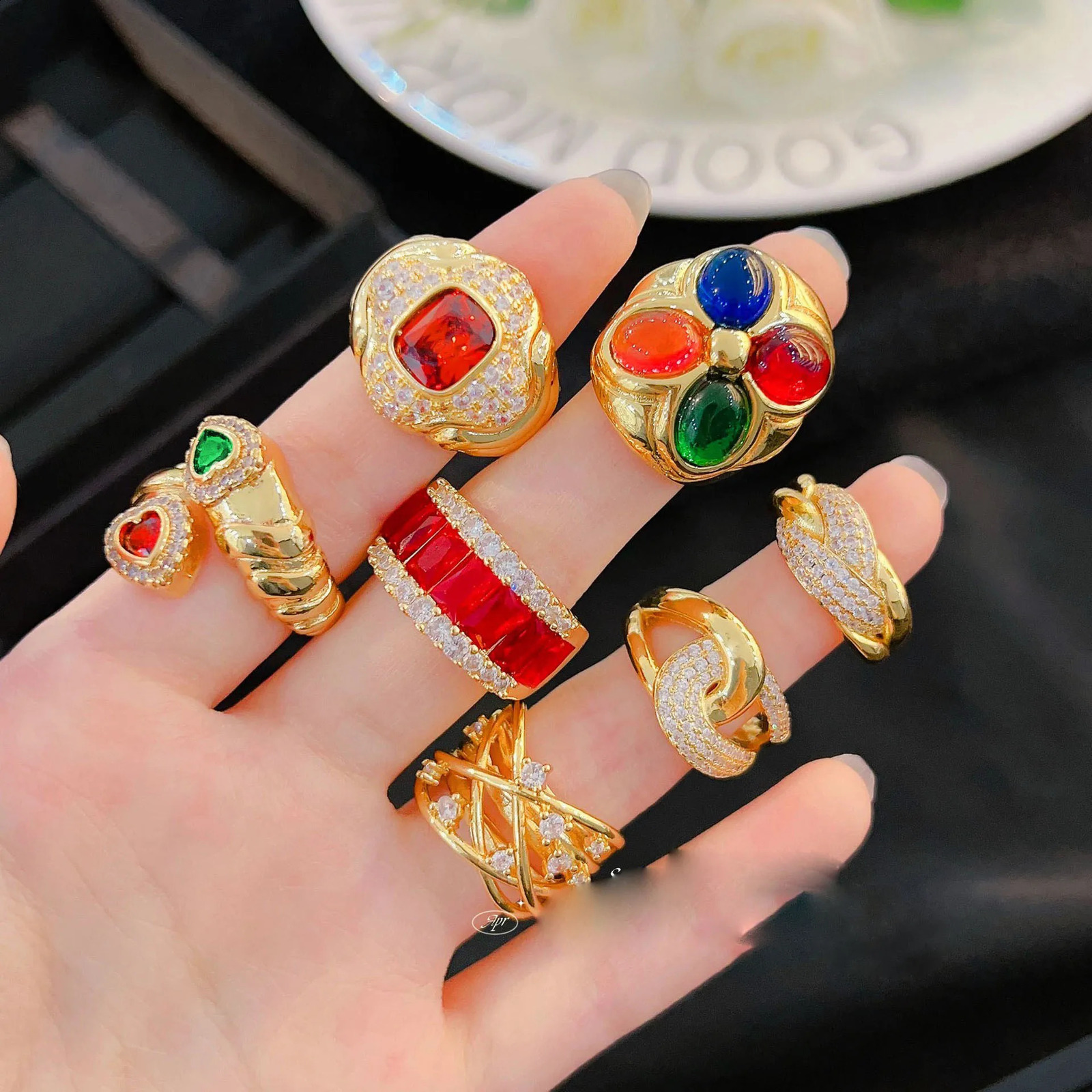 Vintage glass gold-plated mini set with all diamond antique ring 240910