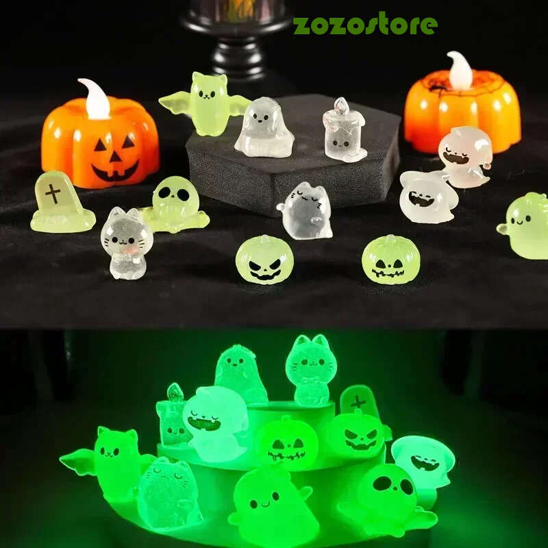 6Pcs Mini Luminous Figures Mini Cat Ghost Pumpkin Bat Skull Candle Glow In Dark Micro Landscape Miniatures For Holiday Halloween 8Db
