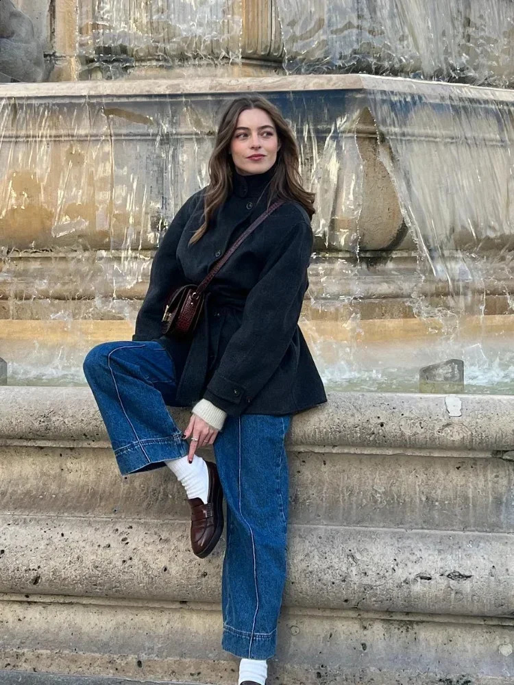 Fashion High Neck With Belt Woolen Overcoat Women Casual Long Sleeve Single Breasted Slim Warm Coat Autumn Street Lady Outerwear 240905