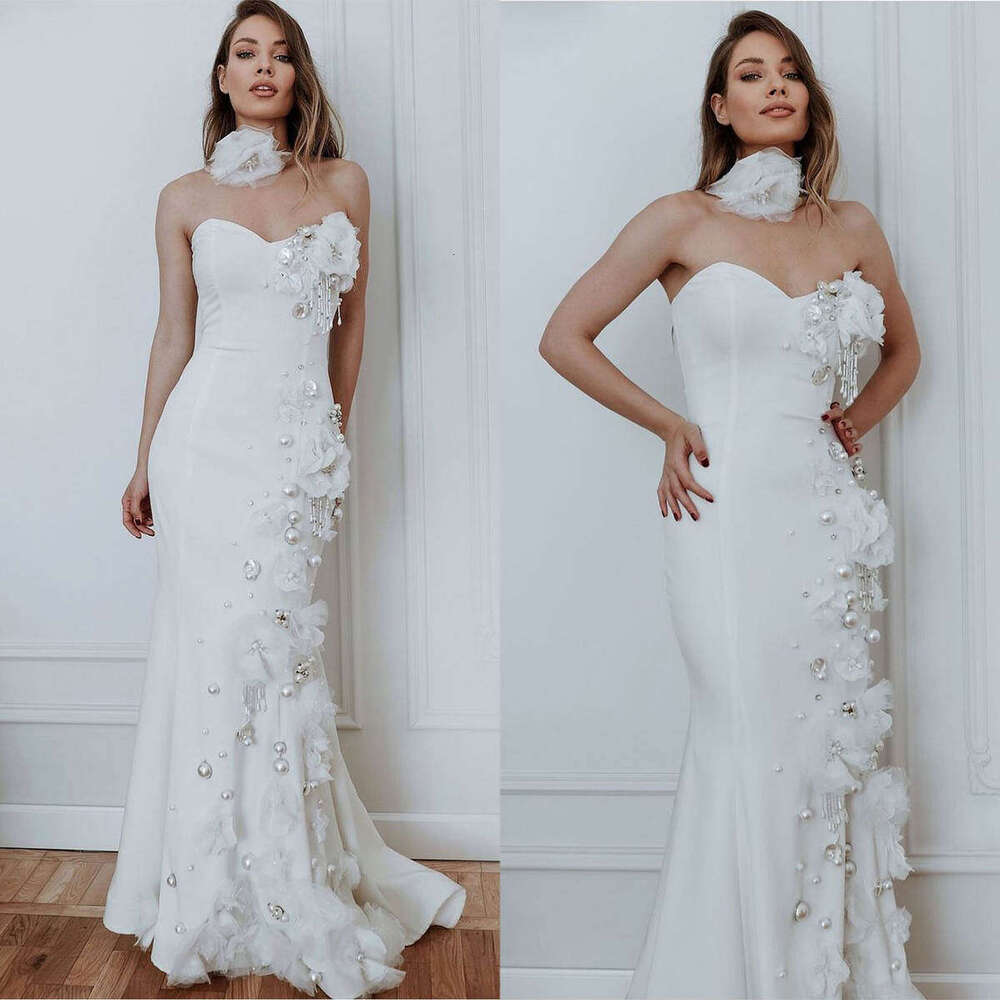 Elegant Evening Dresses Mermaid Strapless Appliques Pearls Sleeveless Prom Gown Party Dress Vestido De Noite Custom Made 0228Lz