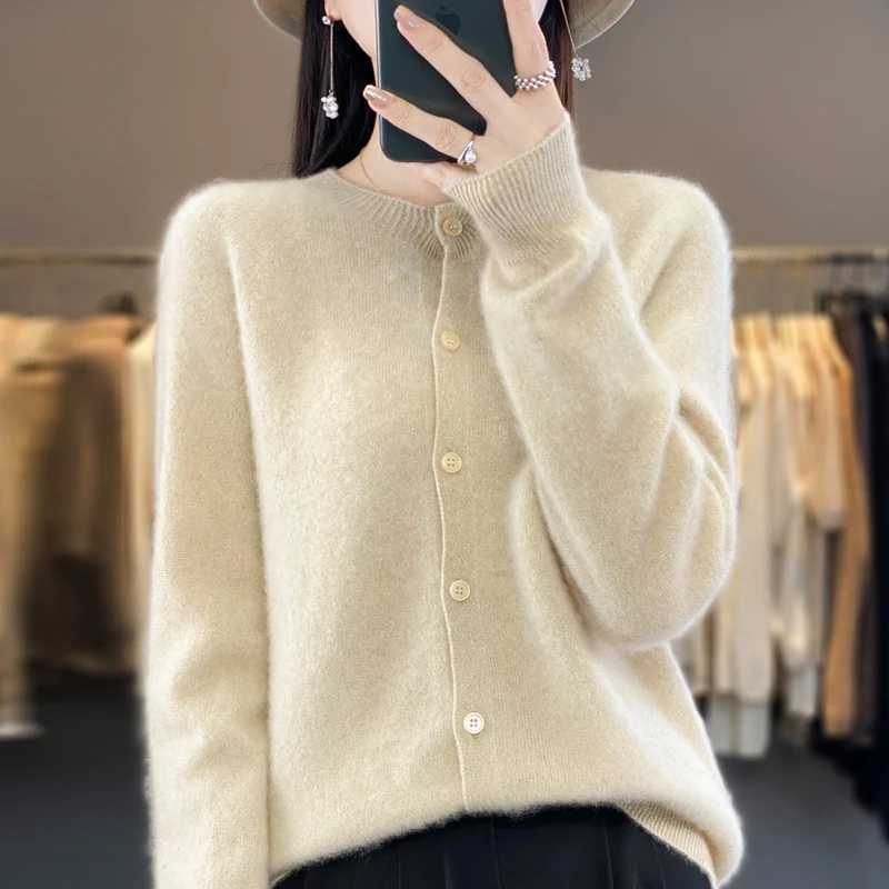 New Fashion O-neck Sweater Cardigan Women Autumn Winter 100% Merino Wool Sweaters Female Clothe Knitted Long Sleeve Tops M240910