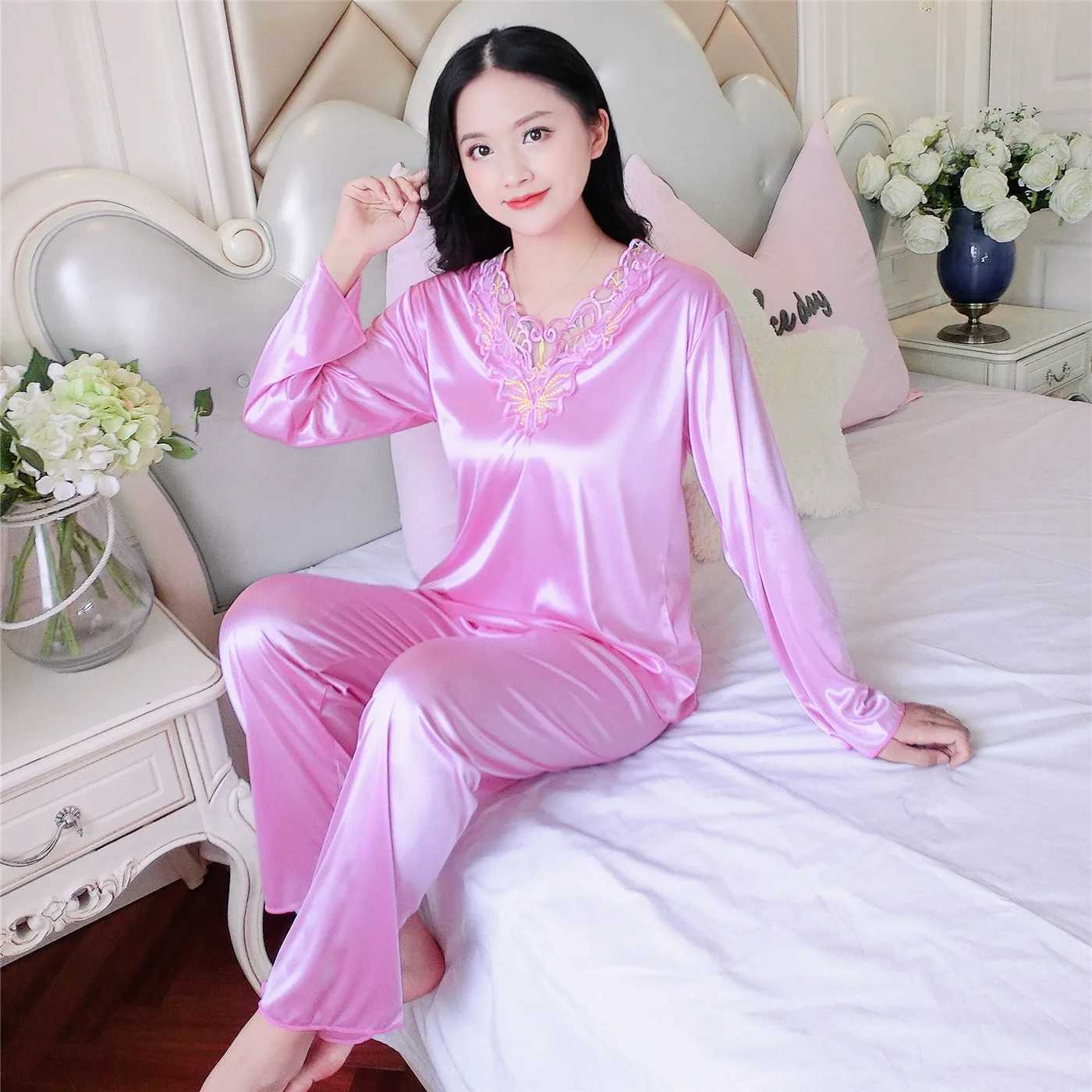 Silk Womens Satin Pajamas Sets Sleepwear Big Size Pyjama 4XL Spring Autumn Homewear Ladies Pijama Mujer 2 Piece Pjs NightwearX2409