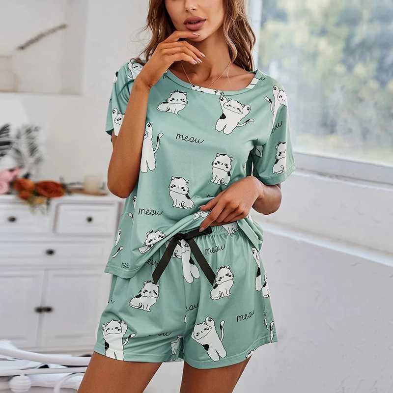 Women Pajamas Sets Short Sleeve Nightwear Top and Pants Sleepwear 2 Piece Pjs Loungewear Cartoon Print Pyjamas Set NightwearX2409
