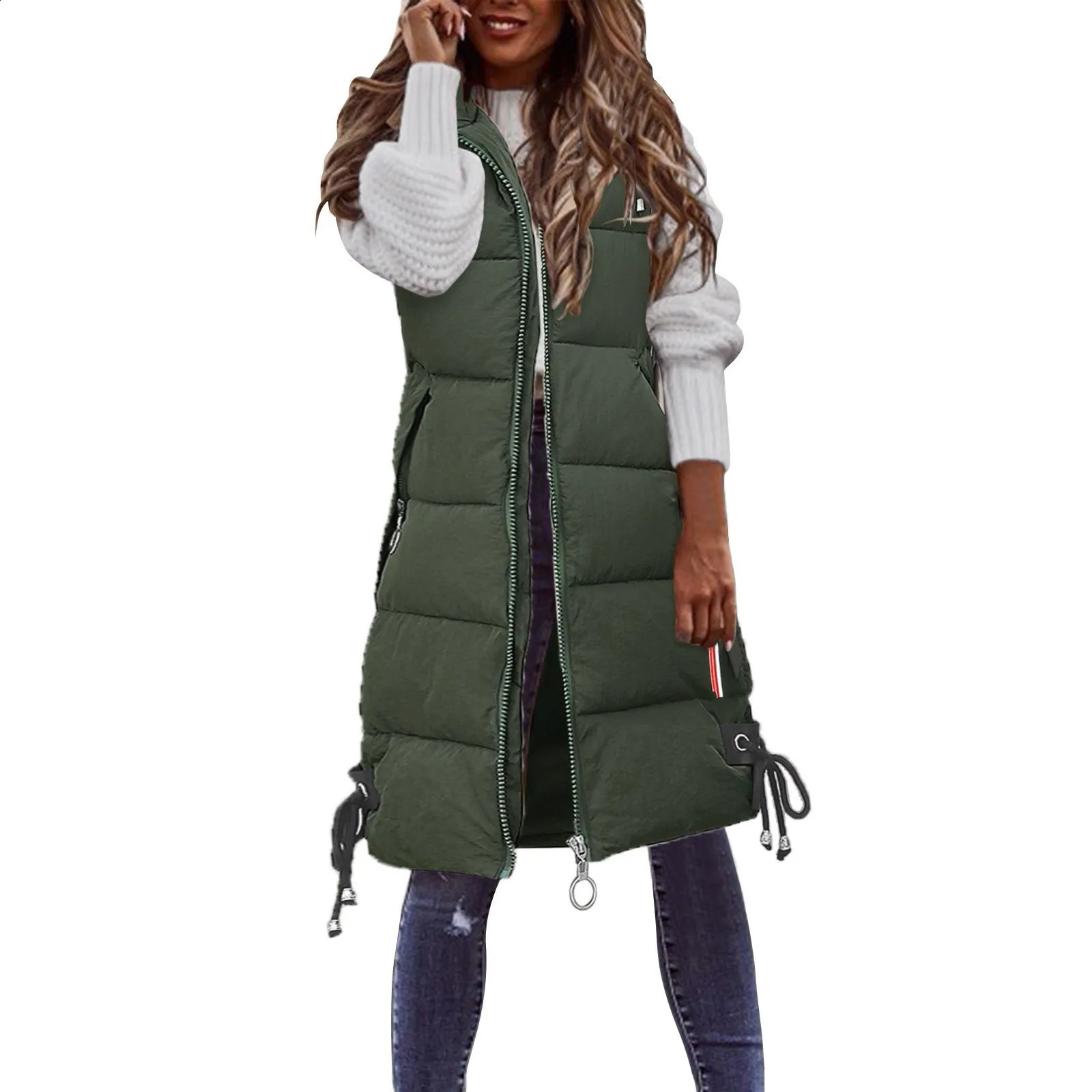 Womens solid hooded vest with zipper pocket loose sleeveless jacket long coat womens winter warm cold resistant 240910