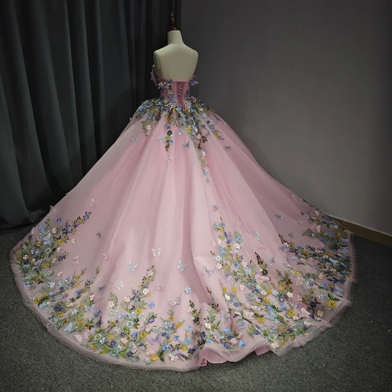 Pink Shiny Sweetheart Quinceanera Dresses Party Birthday Off The Shoulder 3D Applique Bow Beads Tull Princess Sweet 16 Dress Vestido De 15 Anos