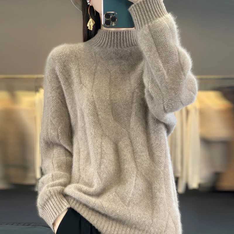 Womens pullovers fall/winter high-quality soft 100% merino wool sweater with half high neck and thick cashmere sweater top M240910