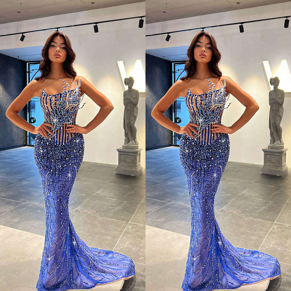 Evening Sparkg Dresses Mermaid Strapless Rhie Sequins Sleeveless Prom Gown Party Dress Vestido De Noite Custom Made