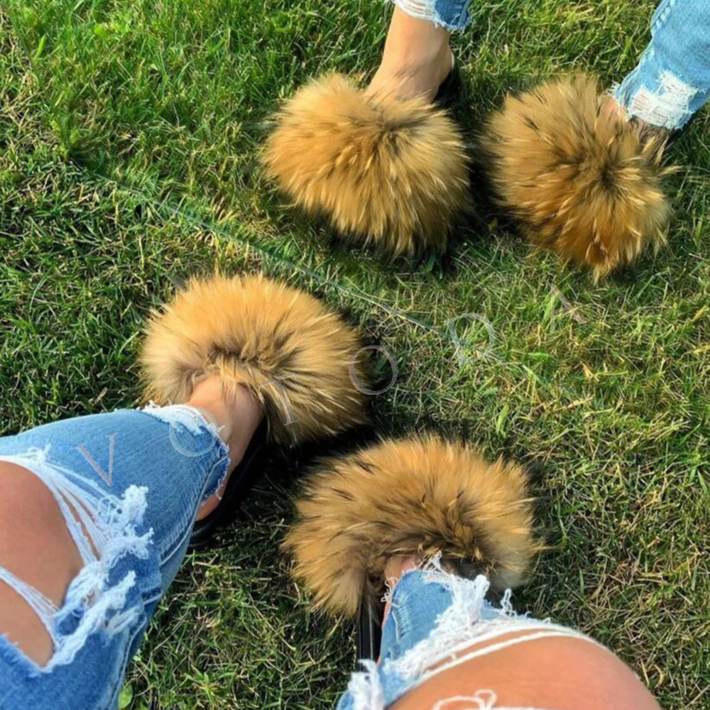 Women Summer Fur Slippers Woman Fluffy Fox Fur Raccoon Fur Slides Female Furry Outdoor Flat Flip Flops Lady Slip On Sandals 240910