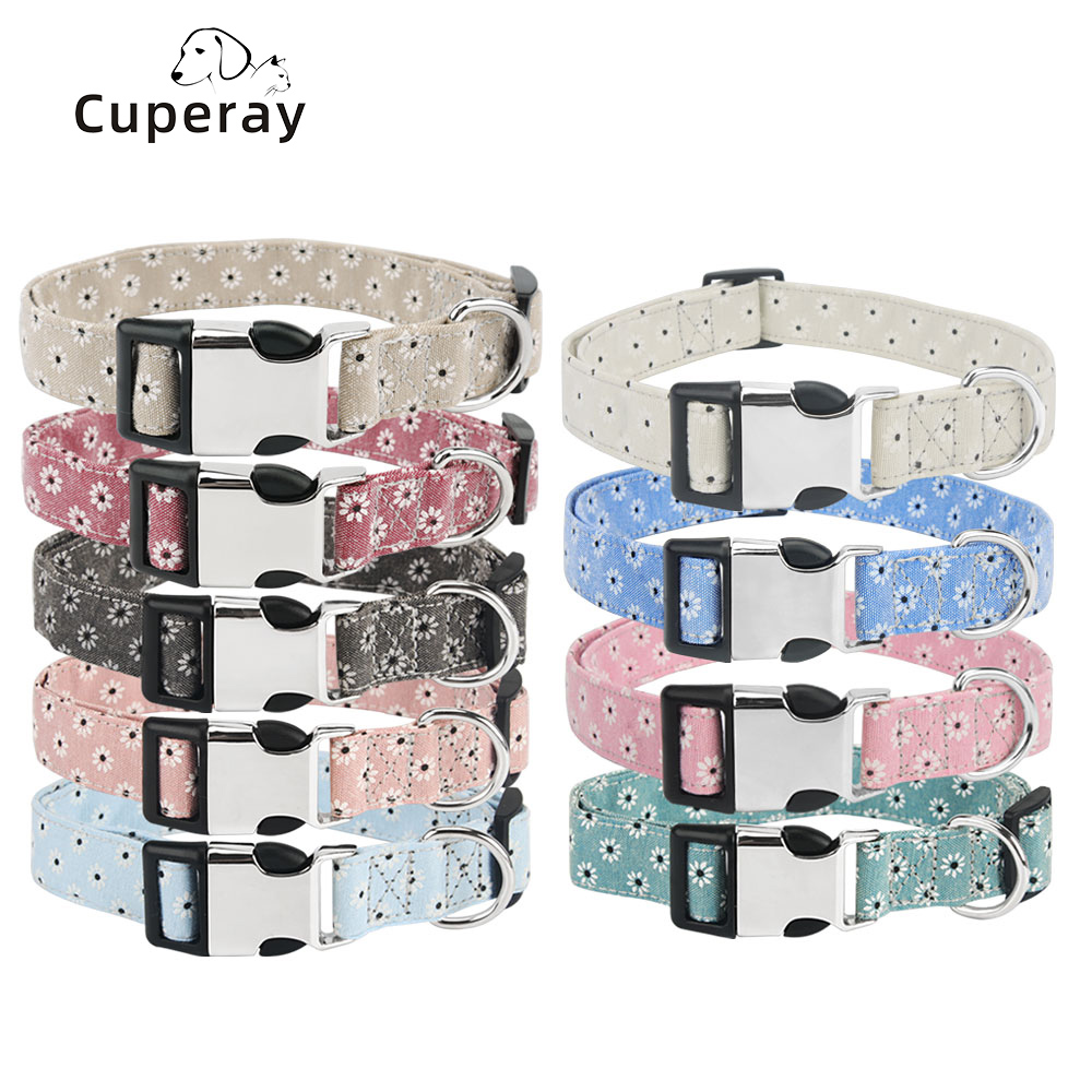 Adjustable Dog Collar with White Daisy Printing，beautiful Dogs Collar for Puppy Small Medium Large Dogs and Cats Pet Accessories