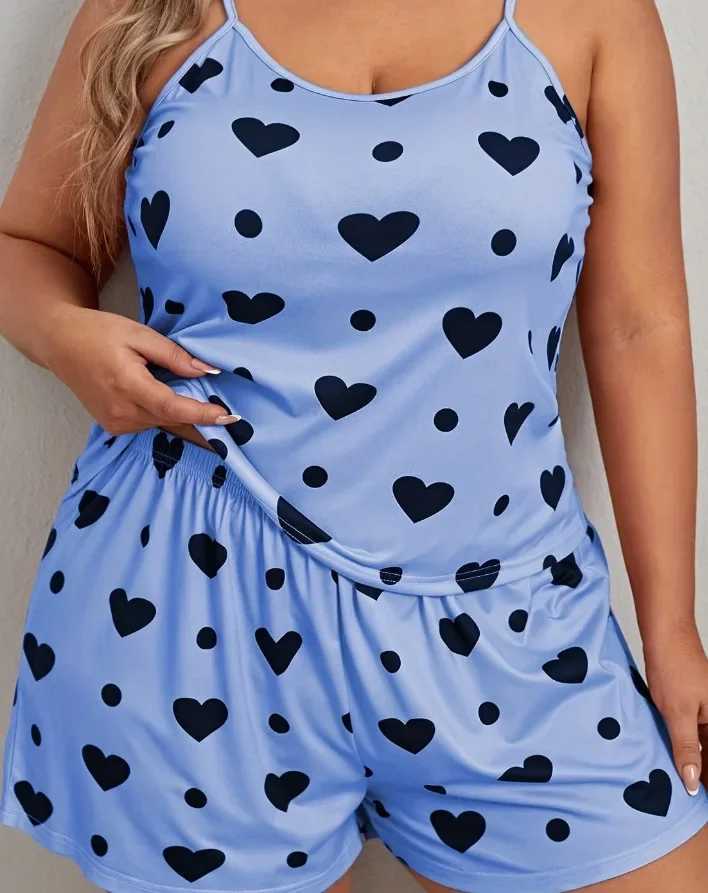 Sleeveless Plus Size Neck Heart Print Women O Pajama Set Crop Top Elastic Waist Shorts 2 Pieces Female Sleepwear NightwearX2409