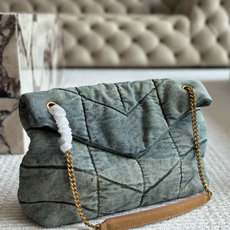 Women Denim Blue Quilt Overstitching Shoulder Bag With Crossbody Chain Straps Lady Designer Quilted Washed Jean Flap Messenger Bags X250104