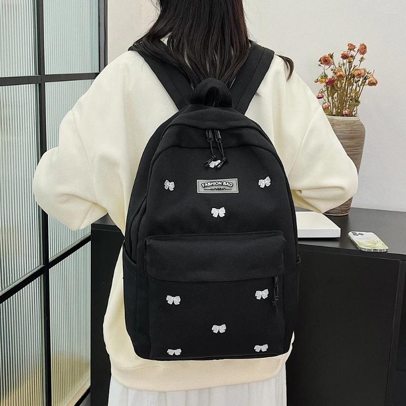 2025 NEW School Bags For Girls Canva Bow Embroidered Aesthetic Backpack Large Capacity Student Daily Bookbag Lightweight College Knapsack zhanyishengl