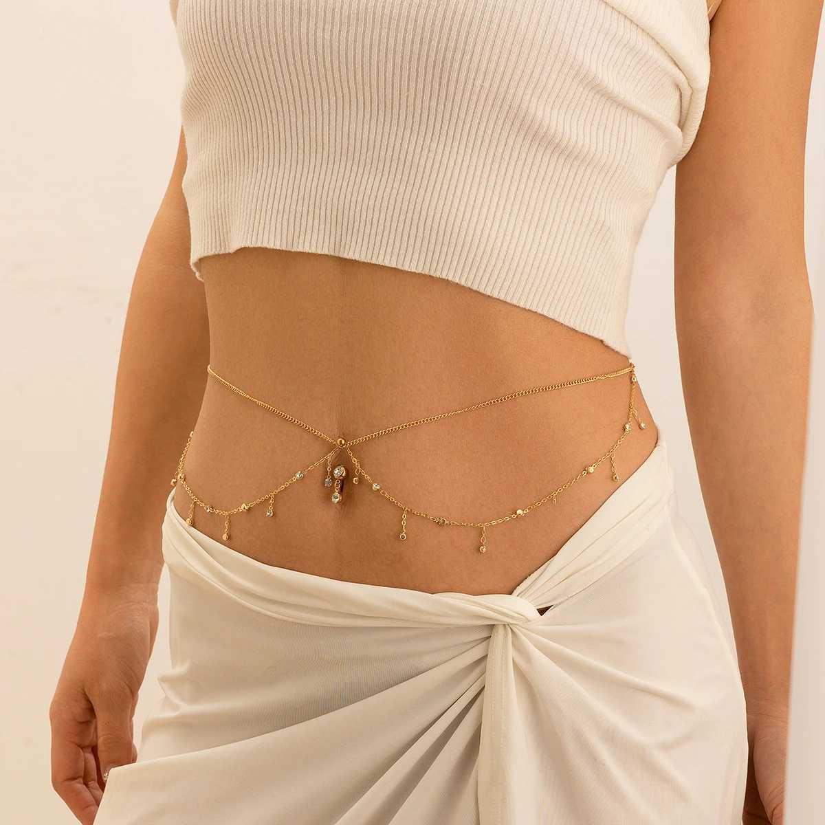 Salircon Fashion Gold Color Stainless Steel Waist Chain for Women Exquisite Zircon Pendant Sexy Belt Body Waist Chain JewelryX2409